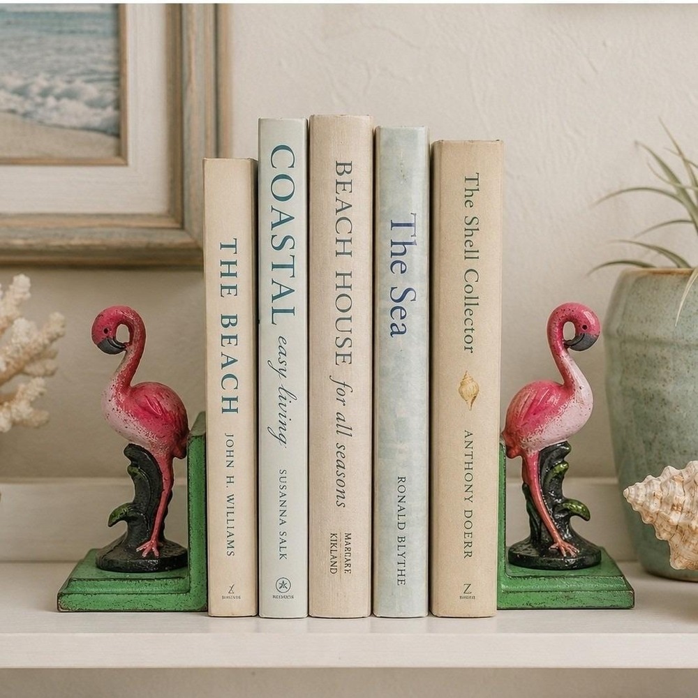 Pink Flamingo Cast Iron Bookends Pair Tropical Coastal Vintage Style
